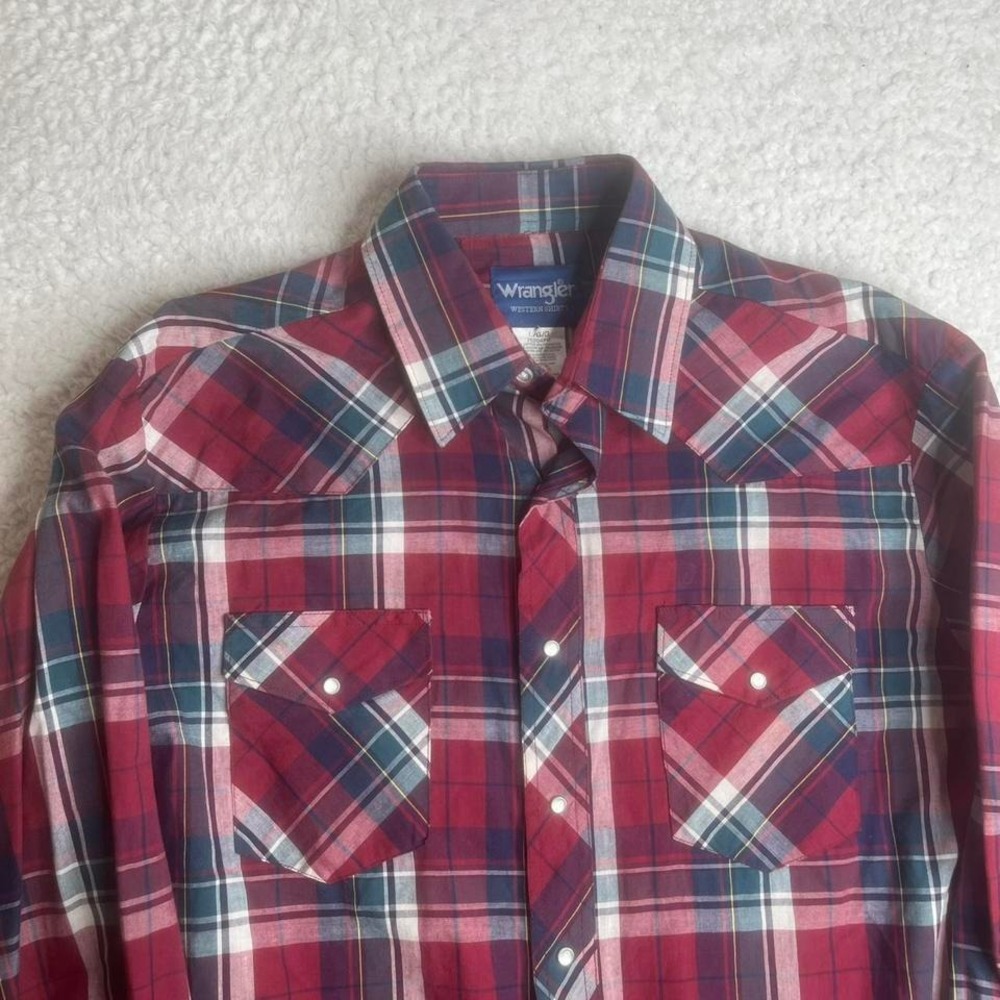 Vintage wrangler‎ pearl snap western button up shirt plaid cowboy 90s L